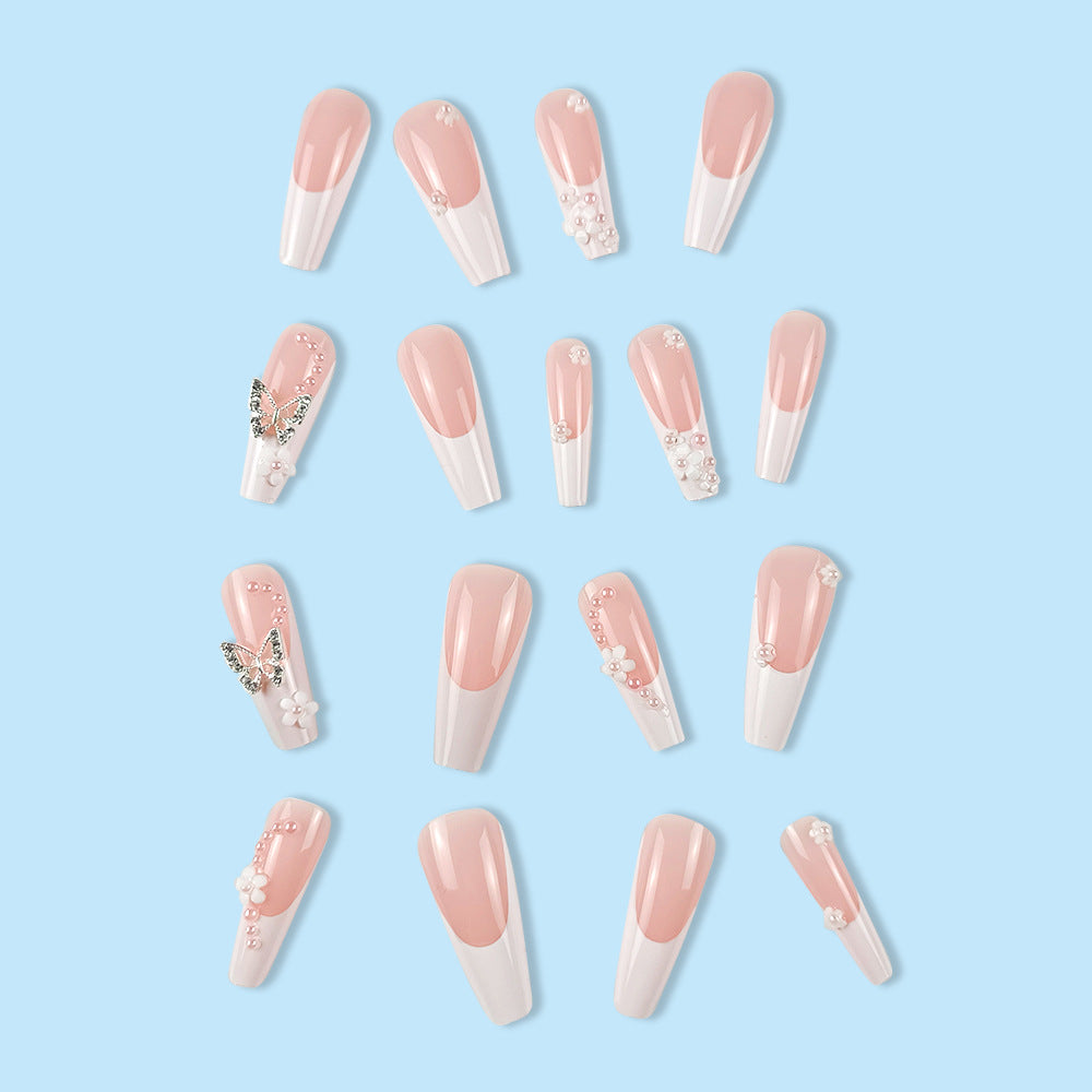 Camellia Pearl Butterfly Nail Art Wearable Nails Stylish Pattern Artificial Nails - 24pcs