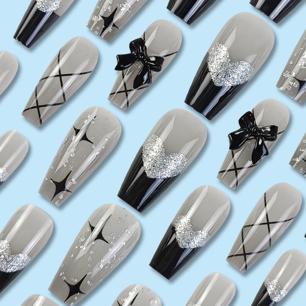 Cool Trendy Silver-Gray Wearable Nails, Smart Butterfly-Shaped Diamond Heart - 24pcs
