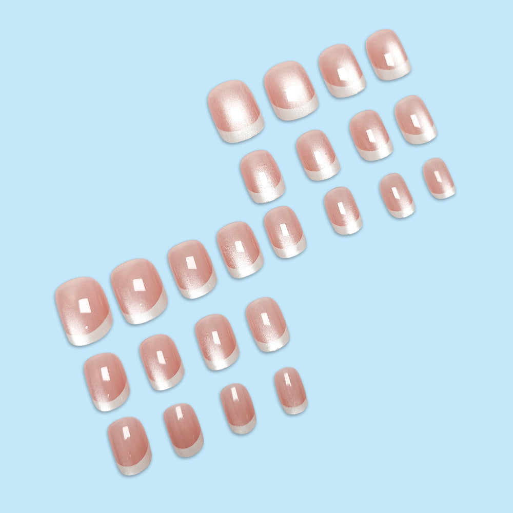 Minimalist White-Edged French Cat-Eye Nail With Glue Diy Art Design False Nails - 24Pcs