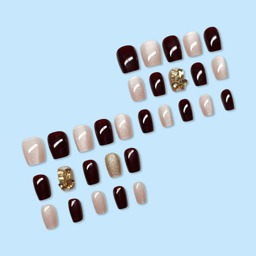 Wine Red Pure Nail With Glue Diy Art Design False Nails Wearable Nails - 24Pcs