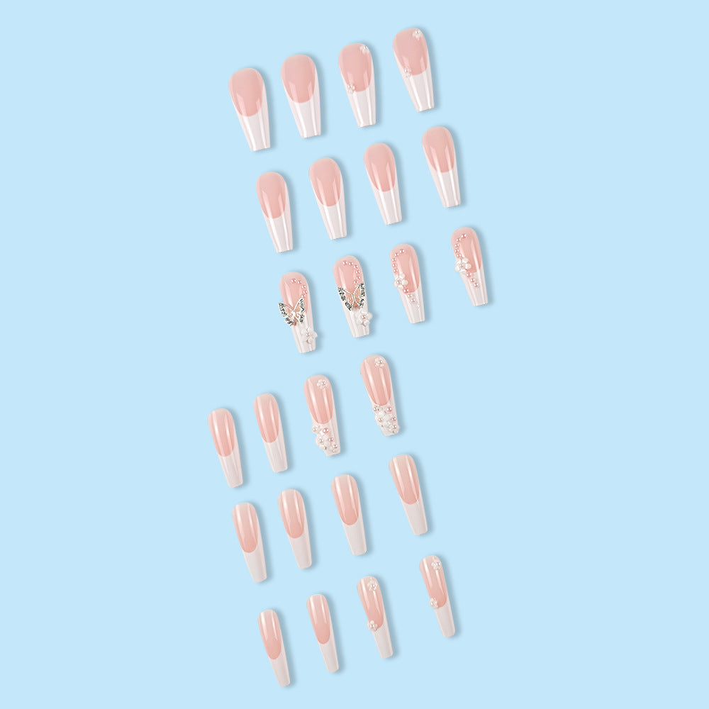 Camellia Pearl Butterfly Nail Art Wearable Nails Stylish Pattern Artificial Nails - 24pcs