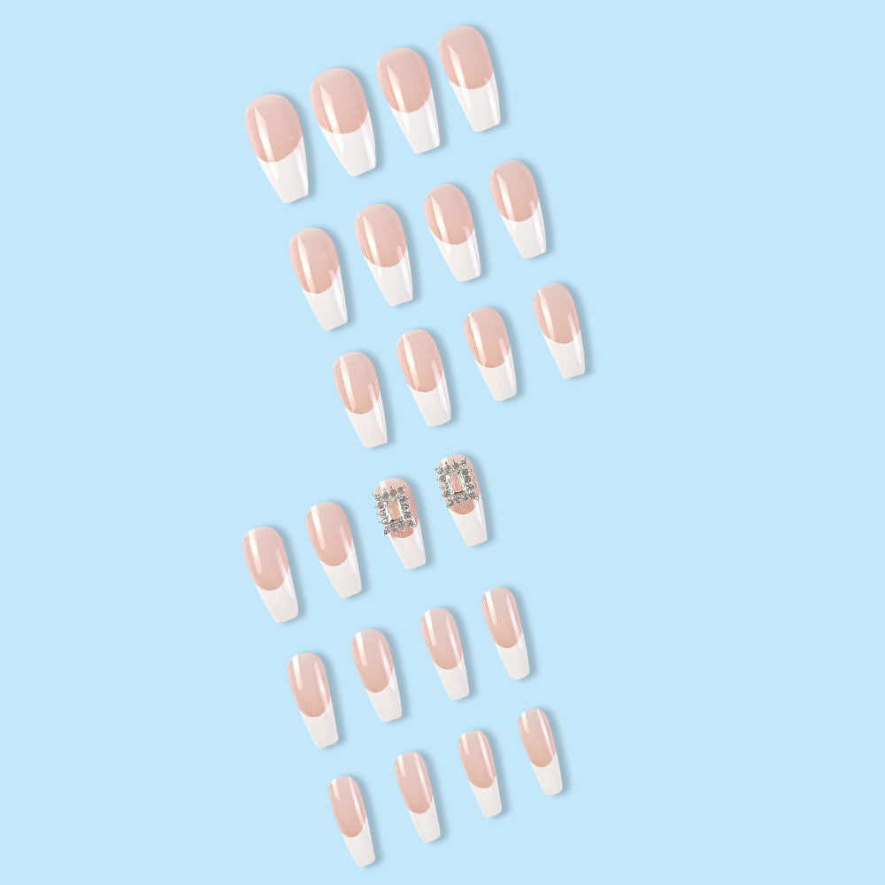 Milk White Rhinestone Box Long Fake Nail With Glue Diy Art Design False Nails - 24Pcs