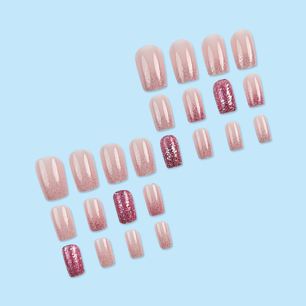 Sparkling Pink Gradient European Square Manicure Wearable Nails -  24Pcs