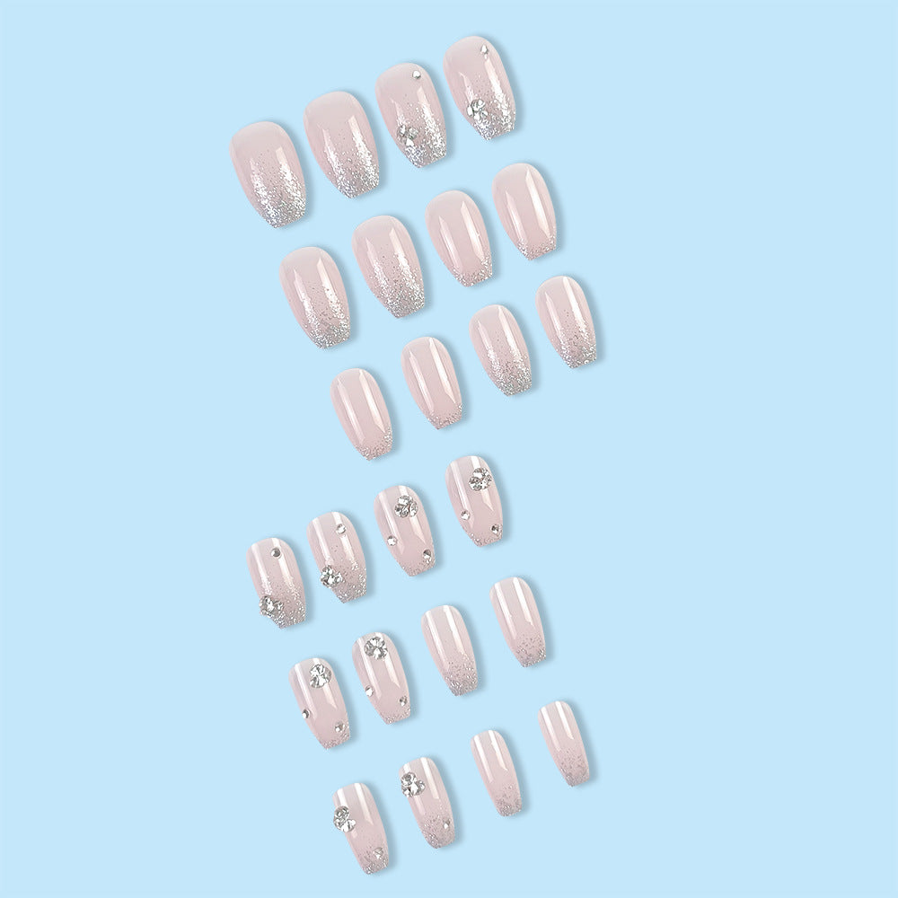 Nude Pink And Silver Rhinestone Embellished Nail With Glue Diy Art Design False Nails - 24Pcs