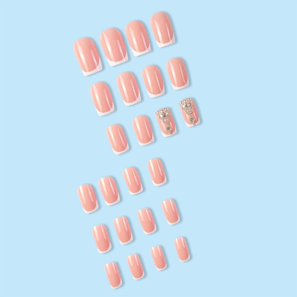 24Pcs Hot-Selling Pearl Rhinestone, White Edge Wearable Nails Stylish Pattern Artificial Nails