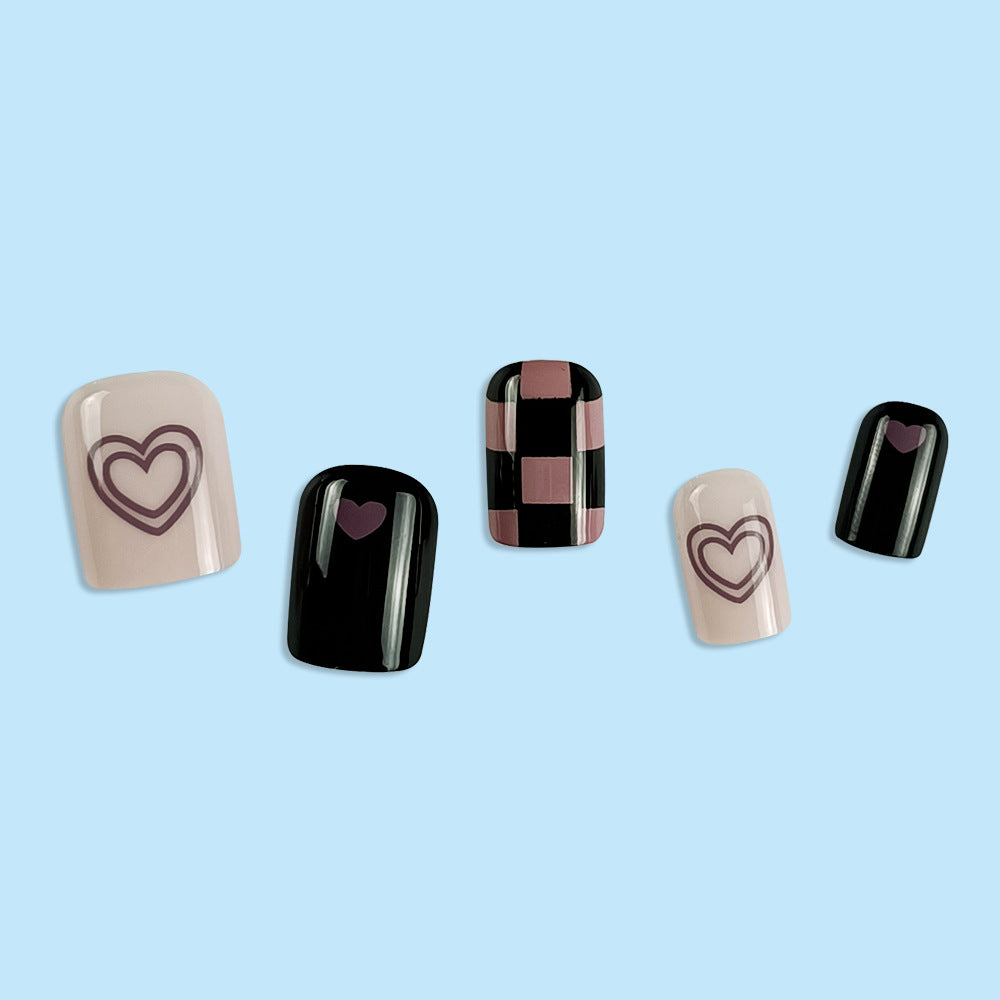Pink Heart Wearable Fake Nails With Glue Diy Art Design False Nails - 24Pcs