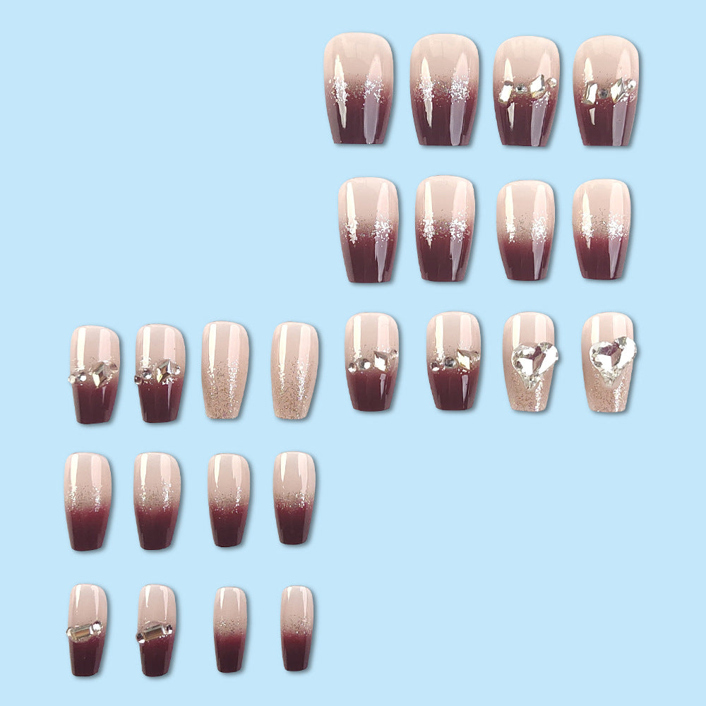 Little Wine Red French Diamond Nail With Glue Diy Art Design False Nails _24Pcs