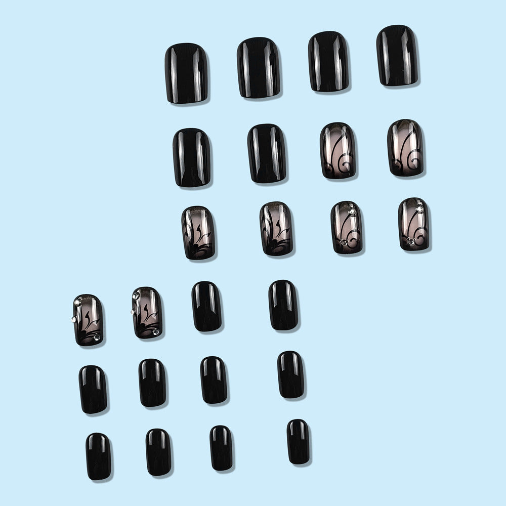 Dark Ins Style Black Vine Wear Nail Wearable Nails Stylish Pattern Artificial Nails - 24Pcs