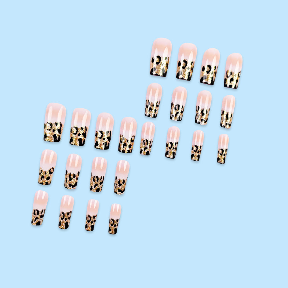 Leopard French Nail Art White Nail Wearable Nails Stylish Pattern Artificial Nails - 24Pcs
