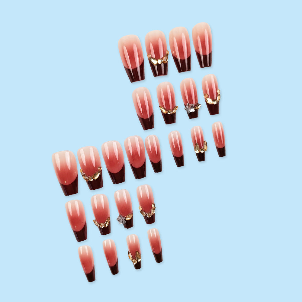 Pink Wine Red Gradient Diamond With Glue Diy Art Design False Nails - 24Pcs