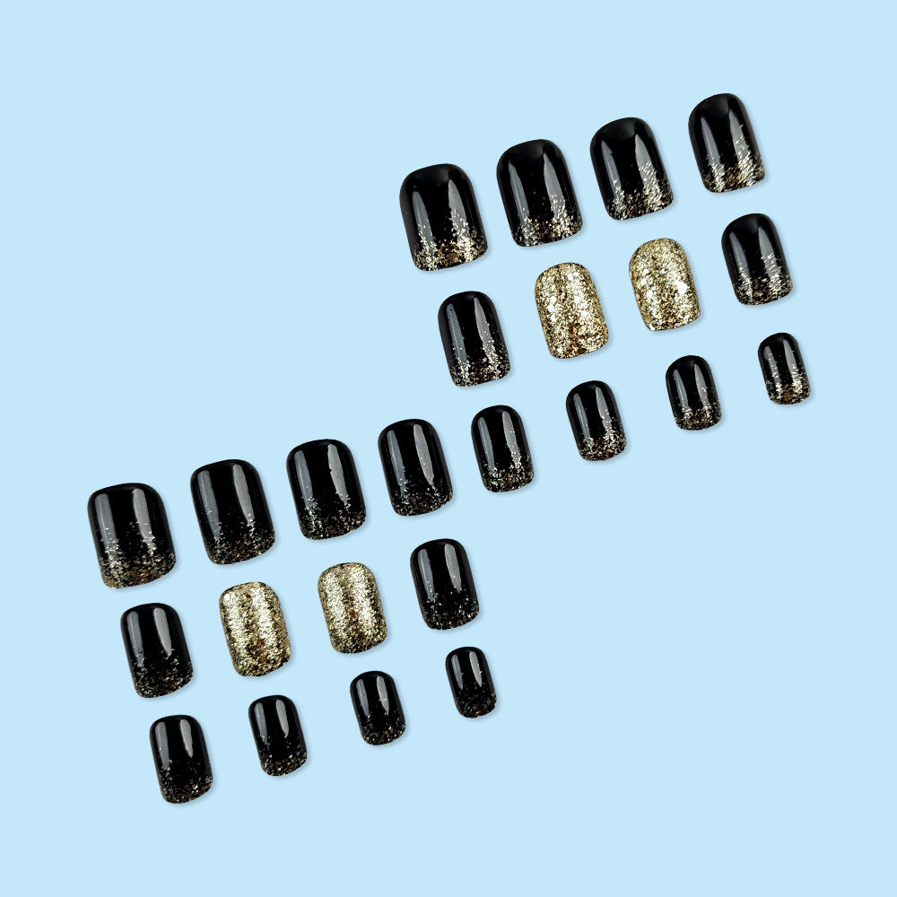 24Pcs Hot Gold Glitter Black Nail With Glue Diy Art Design False Nails - 24Pcs