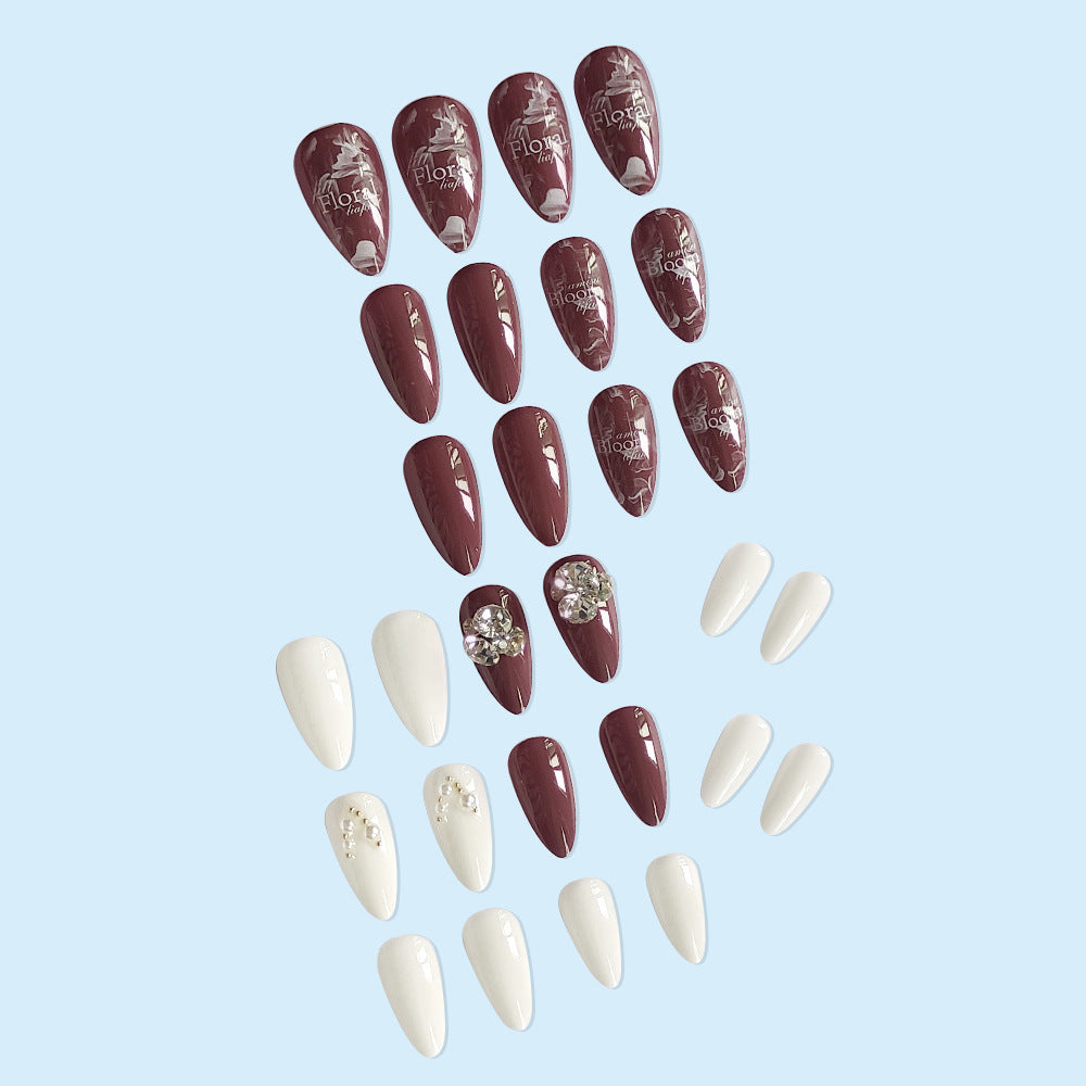 Wine Red Pure White Diamond-Encrusted Almond Nails Wearable Nails  - 24Pcs