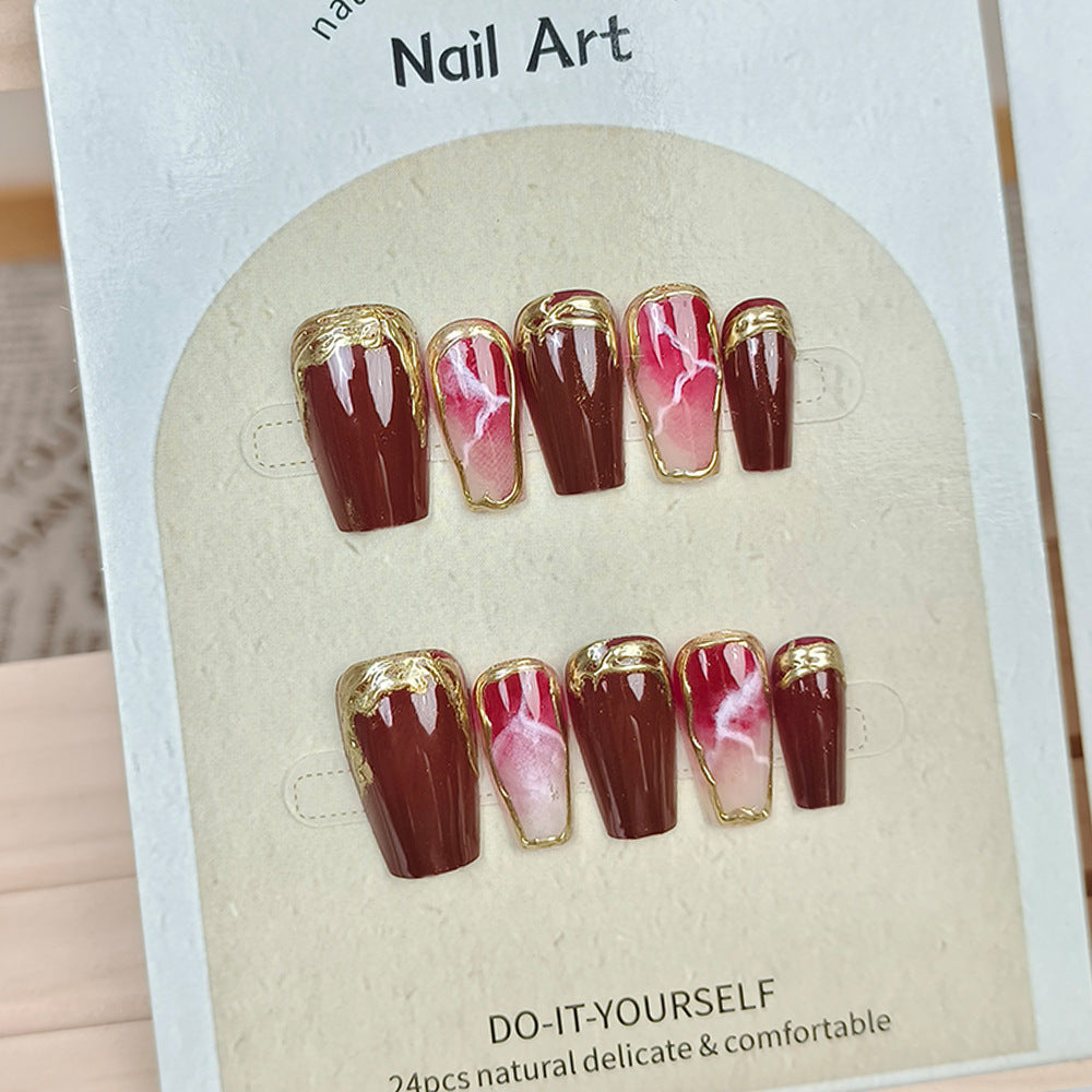 3D Gel Brown-Red Whitening Gilded Lines Nails With Glue - 24PCS