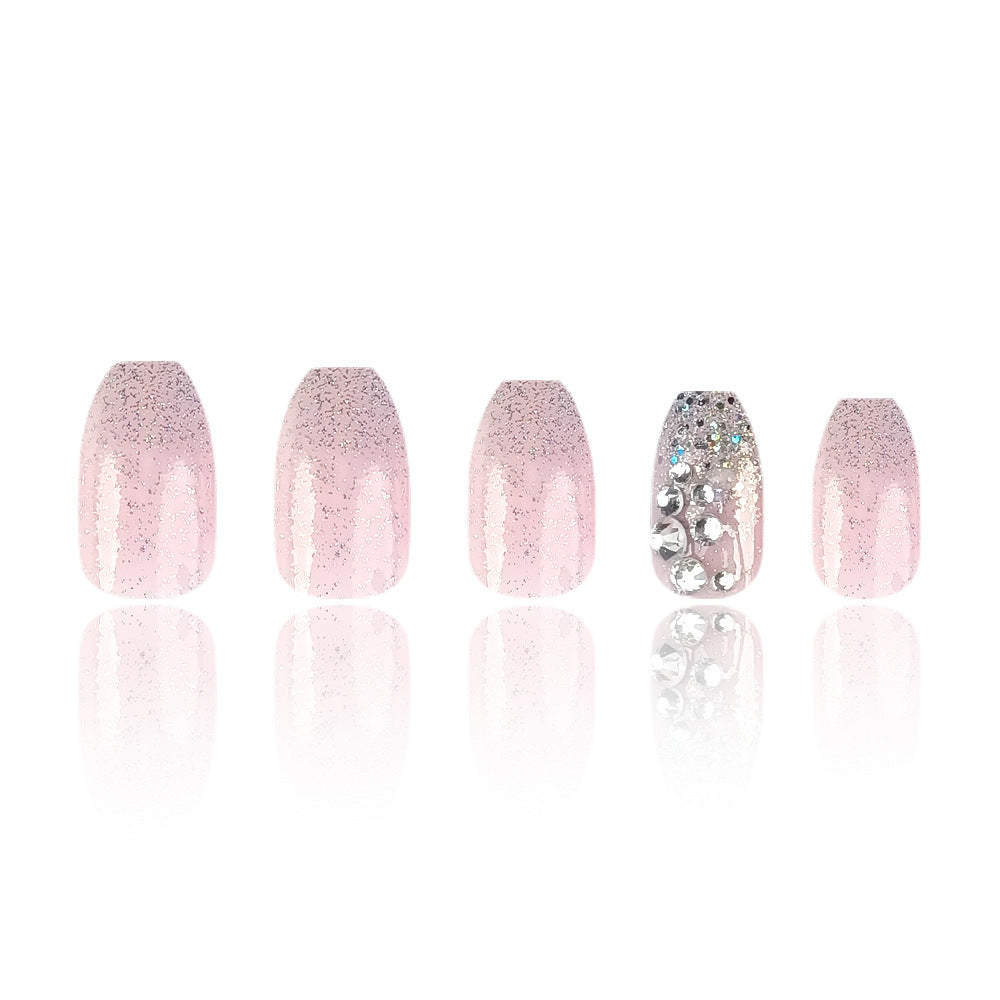 White Glitter Rhinestone Nail With Glue Diy Art Design False Nails - 24Pcs