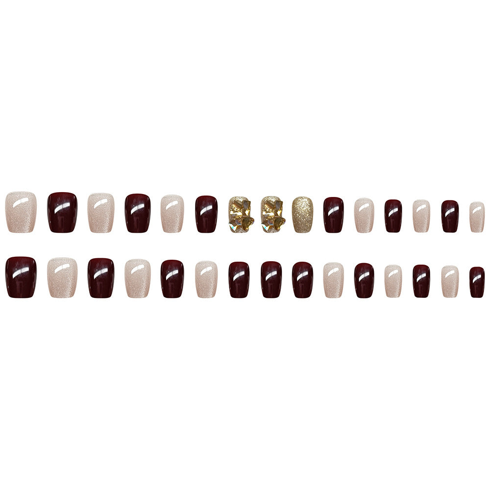 Wine Red Pure Nail With Glue Diy Art Design False Nails Wearable Nails - 24Pcs