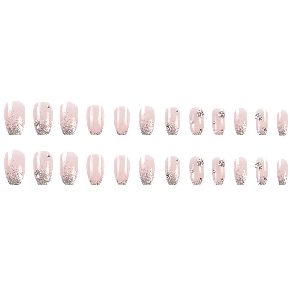 Nude Pink And Silver Rhinestone Embellished Nail With Glue Diy Art Design False Nails - 24Pcs
