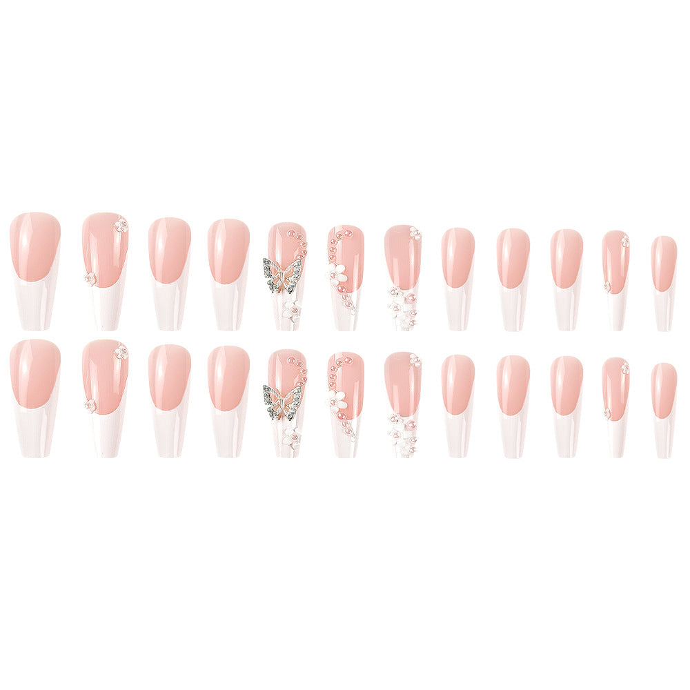 Camellia Pearl Butterfly Nail Art Wearable Nails Stylish Pattern Artificial Nails - 24pcs
