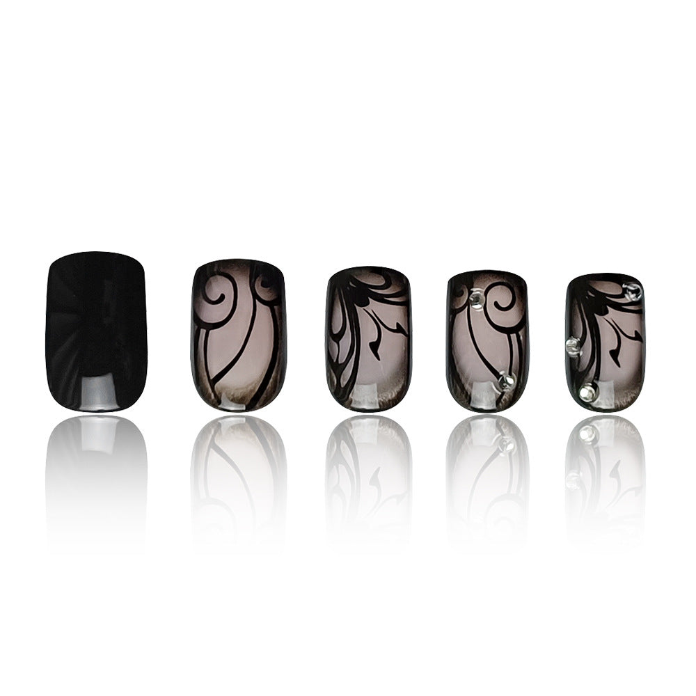 Dark Ins Style Black Vine Wear Nail Wearable Nails Stylish Pattern Artificial Nails - 24Pcs