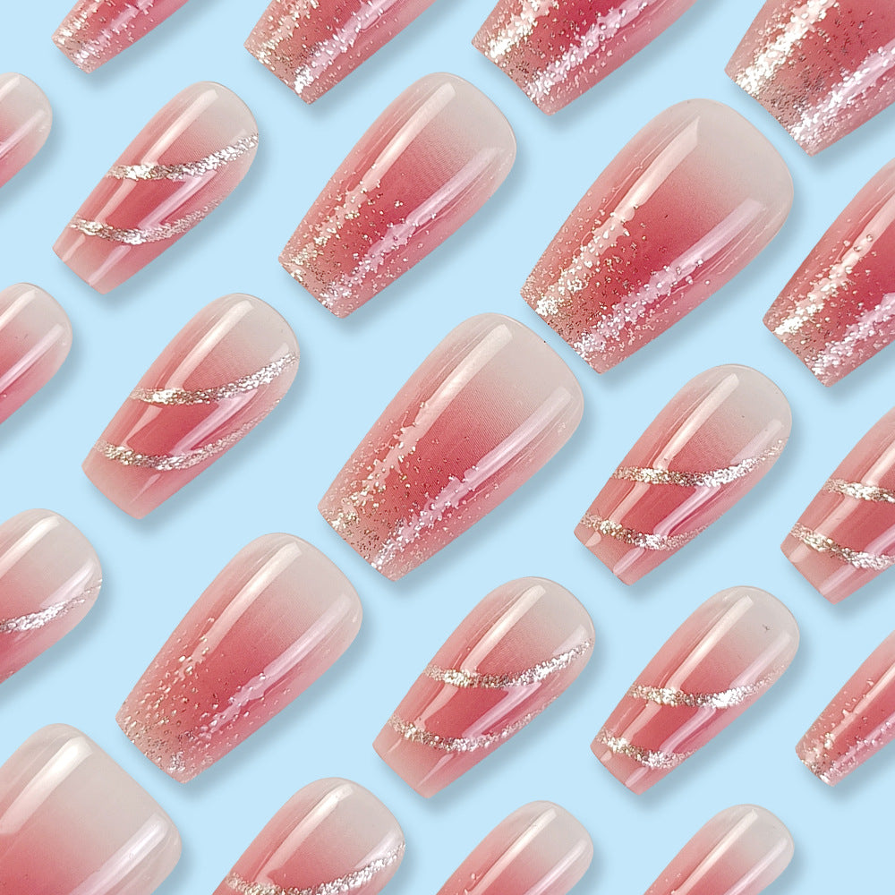 Whitening Glitter Nail With Glue Diy Art Design False Nails Wearable Nails Stylish Pattern Artificial Nails - 24Pcs
