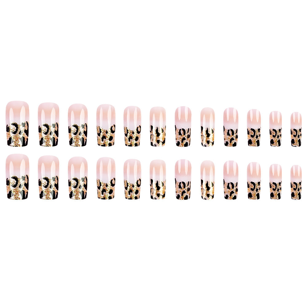 Leopard French Nail Art White Nail Wearable Nails Stylish Pattern Artificial Nails - 24Pcs