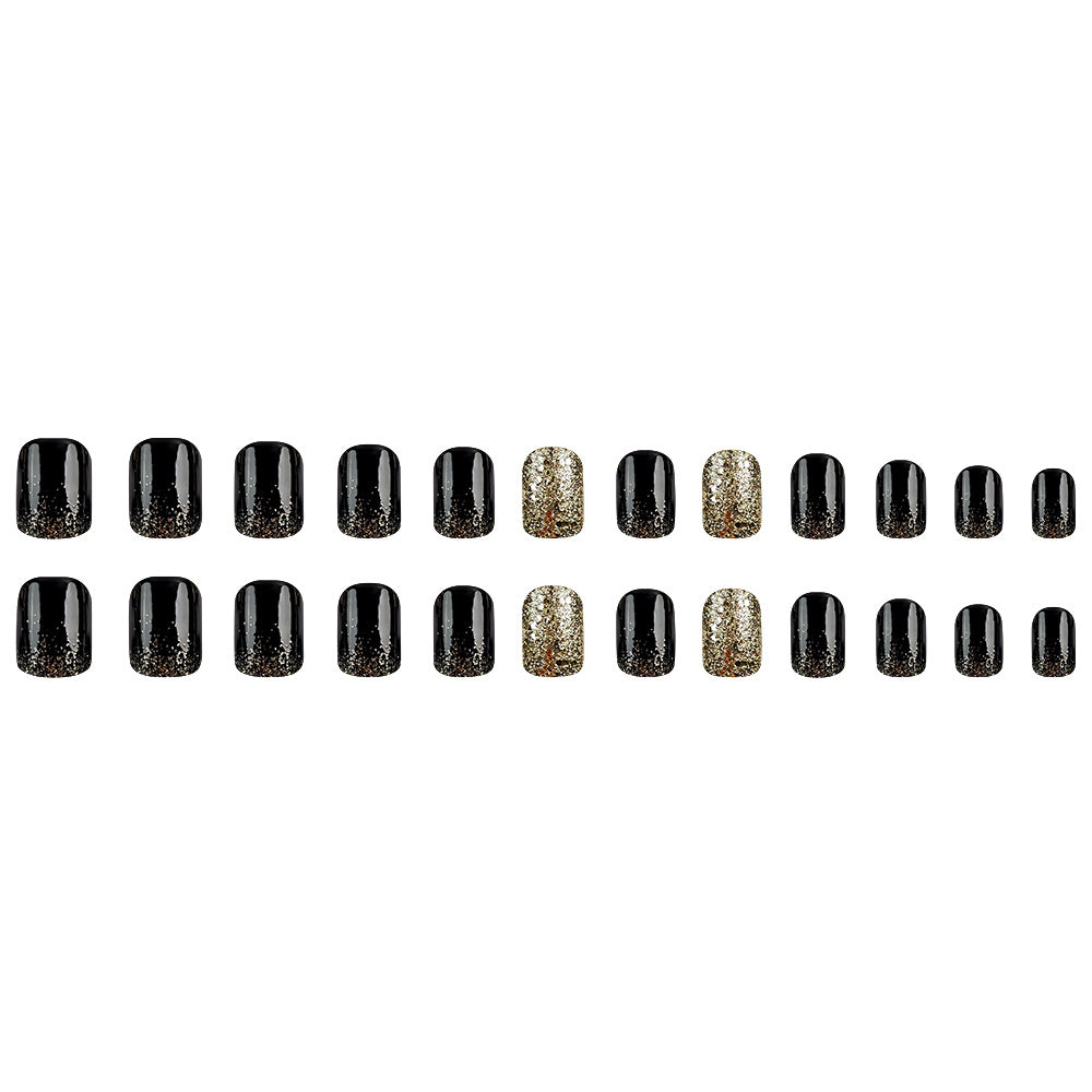 24Pcs Hot Gold Glitter Black Nail With Glue Diy Art Design False Nails - 24Pcs