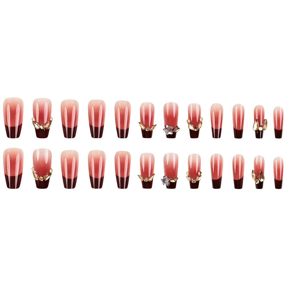 Pink Wine Red Gradient Diamond With Glue Diy Art Design False Nails - 24Pcs