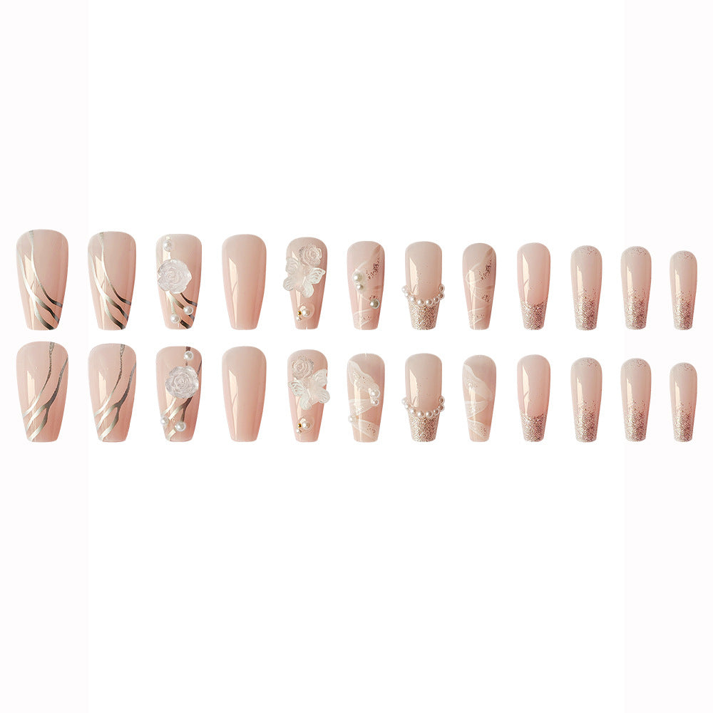 Three-Dimensional Camellia Pearl Hand-Worn Nail Glitter Jelly Gel Wearable Nails - 24Pcs