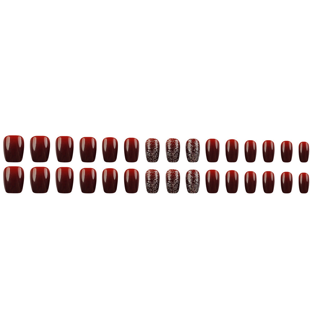 Burgundy with Silver Glitter With Glue Diy Art Design False Nails - 24PCS
