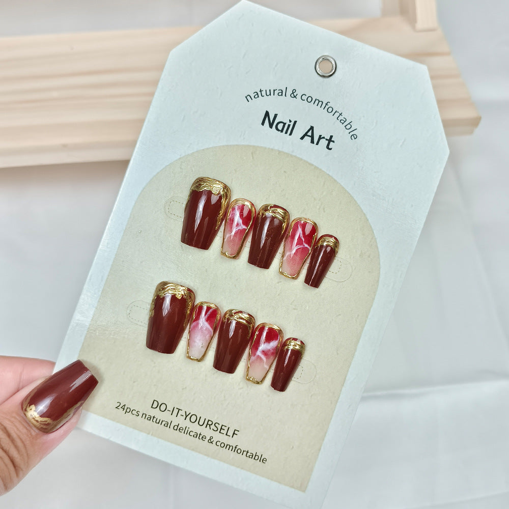 3D Gel Brown-Red Whitening Gilded Lines Nails With Glue - 24PCS