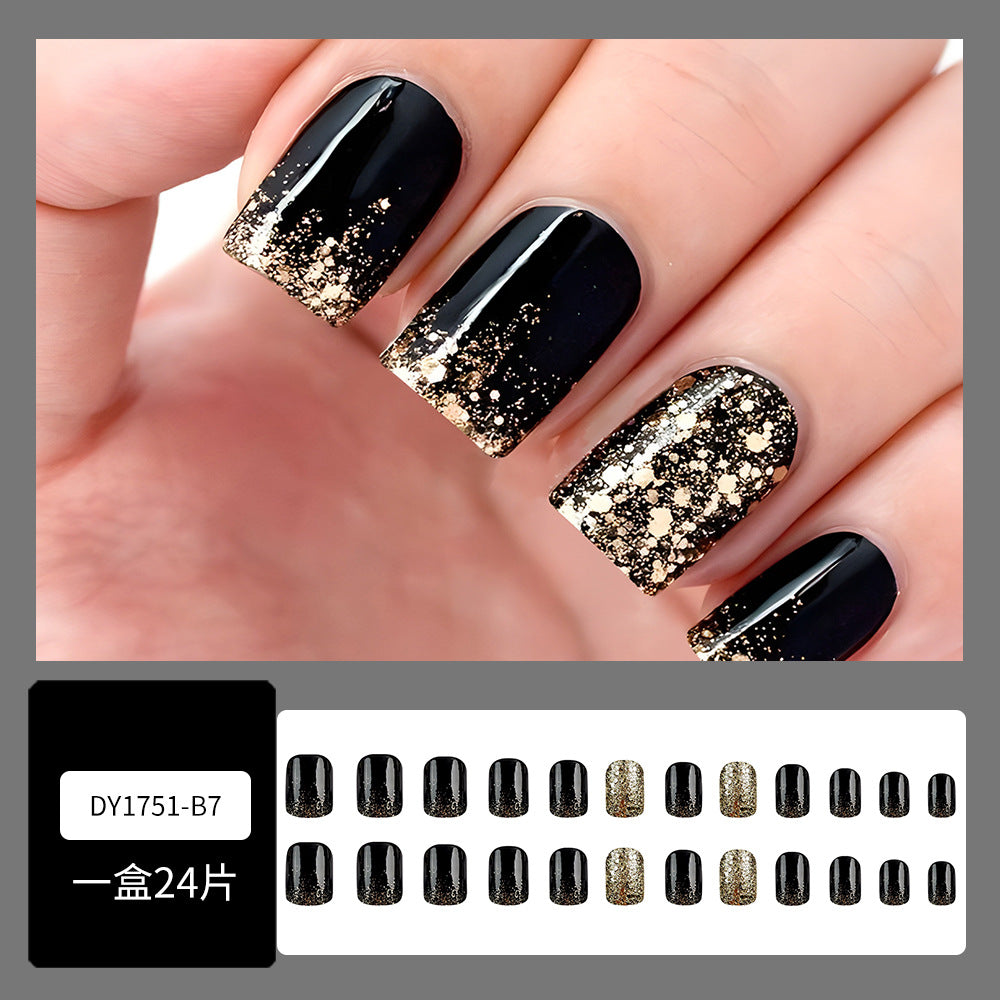 24Pcs Hot Gold Glitter Black Nail With Glue Diy Art Design False Nails - 24Pcs