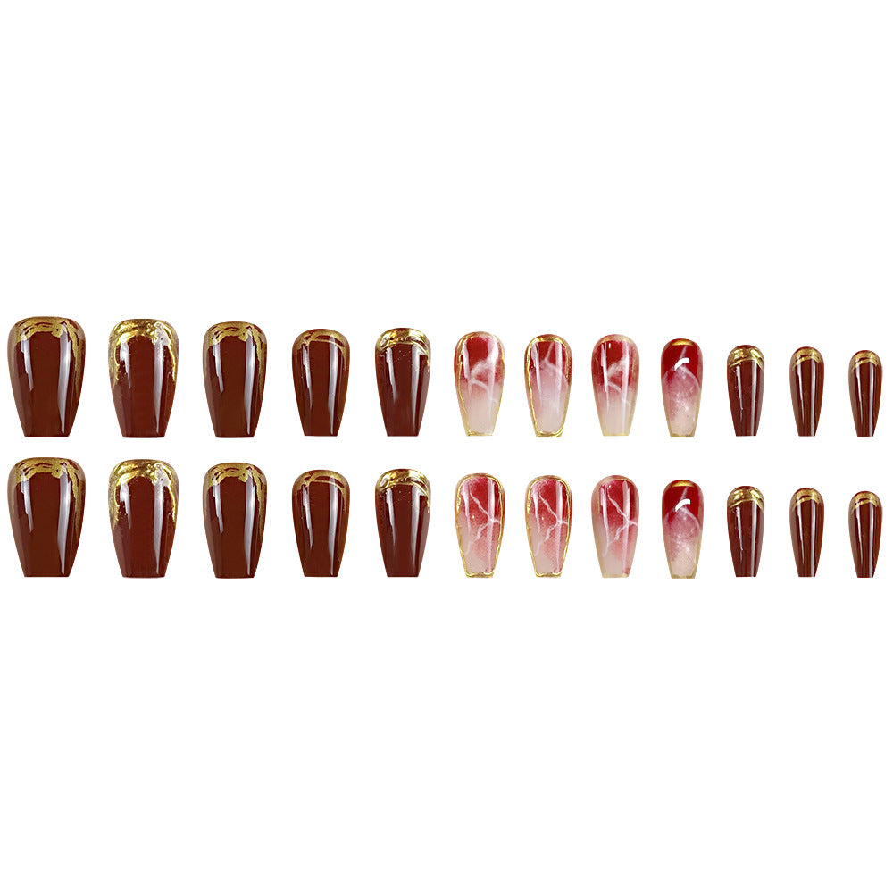 3D Gel Brown-Red Whitening Gilded Lines Nails With Glue - 24PCS