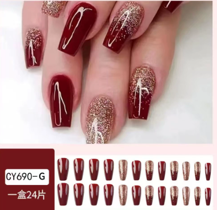 Shiny Wine Red With Glue Diy Art Design False Nails Wearable Nails Stylish Pattern Artificial Nails - 24Pcs