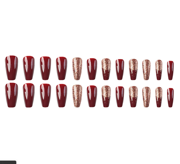 Shiny Wine Red With Glue Diy Art Design False Nails Wearable Nails Stylish Pattern Artificial Nails - 24Pcs