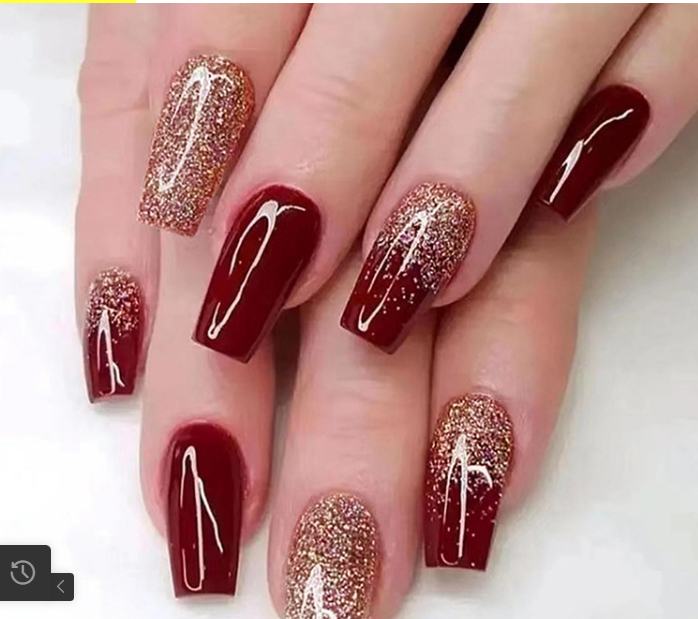 Shiny Wine Red With Glue Diy Art Design False Nails Wearable Nails Stylish Pattern Artificial Nails - 24Pcs