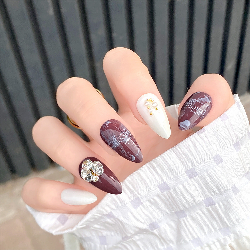 Wine Red Pure White Diamond-Encrusted Almond Nails Wearable Nails  - 24Pcs