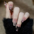 French-Style Black Bowknot Flowing Sand Chain Detachable Fake Nail With Glue - 24Pcs